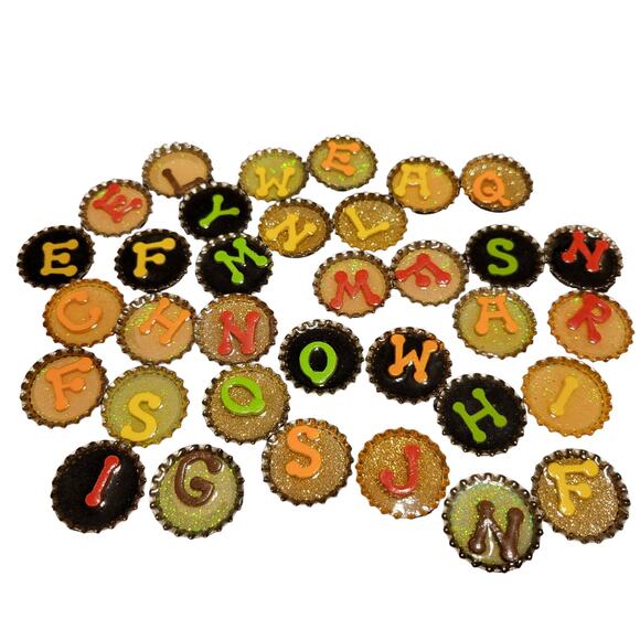 Handmade Alphabet Bottlecap Magnets Set of 34 - Resin, Fridge Decor - Picture 1 of 16